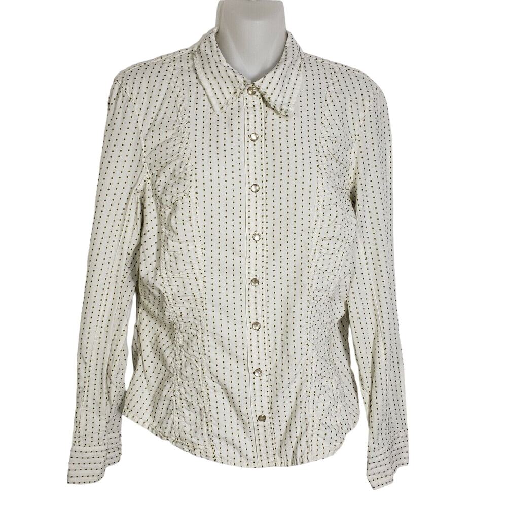 Jones Wear Jeans Womens Top Medium Pearl Snaps Polka Dot White Green Long Sleeve